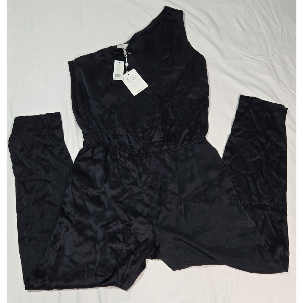 New Joie Jumpsuit Womens Silk Poliester L Black One Strap with Pockets V Neck